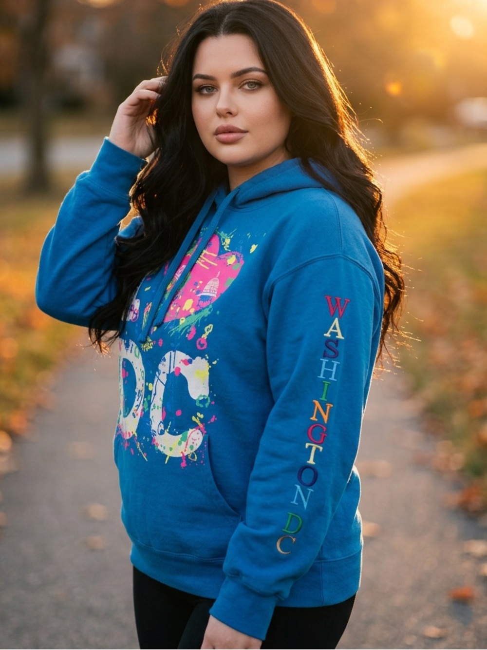 Teal 'I ♥ DC' Graphic Hoodie with Neon Paint Splatter & Embroidery on sleeve